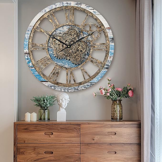 HOIBAI Large Wall Clock, Wall Clocks for Living Room Decor 20 Inch Farmhouse Vintage Rustic Kitchen Wall Decor Vintage Roman Oversized Wall Clock for Home Bedroom House Office, Moving Gears Clock-Ruum Studio Home