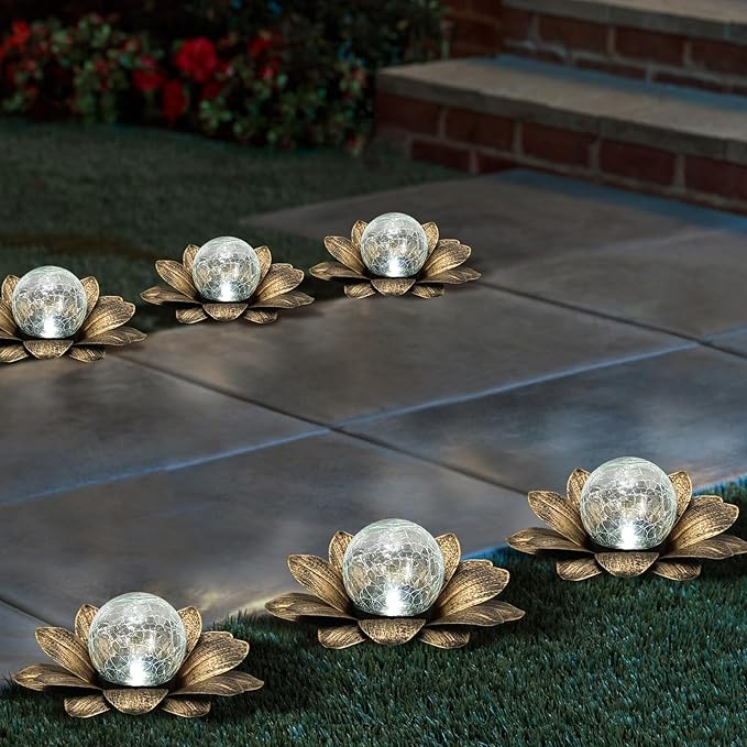 LEWIS&WAYNE Solar Garden Lights Outdoor, 3 Pcs Coppery Lotus Flower Pathway Lamps with Cool White Crackle Glass Globe Led Lights for Patio Pathway Yard Balcony Garden Decorations-Ruum Studio Home