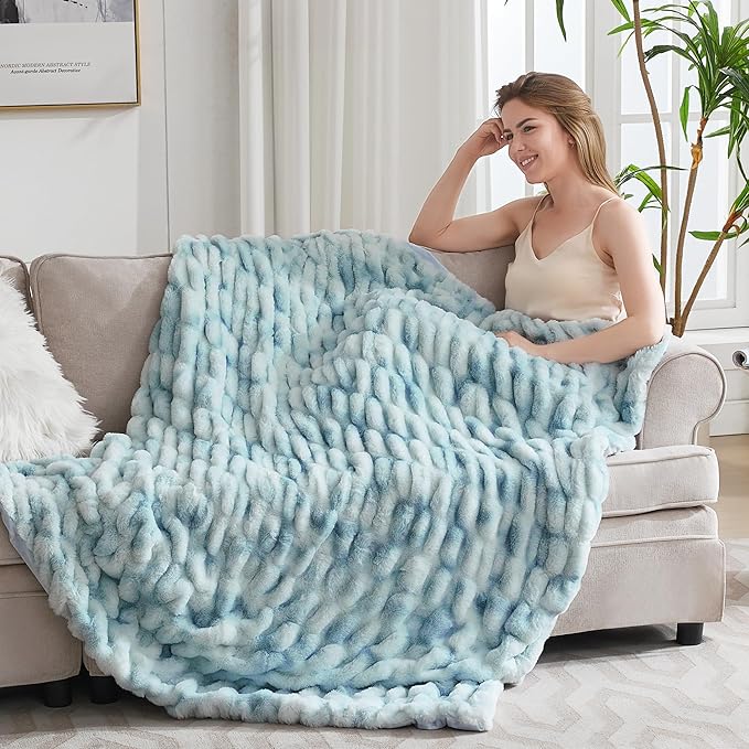 Ultra Soft Luxury Faux Fur Twin Blanket for Counch,Fuzzy Fluffy Plush Warm Cozy Elegant Wrinkled Blanket for Sofa Bedroom Living Room,（60"x80",Tie-dye Freshwater Blue）-Ruum Studio Home