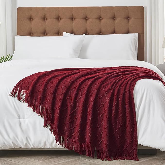 inhand Knitted Throw Blankets for Couch and Bed, Soft Cozy Knit Blanket with Tassel, Claret Lightweight Decorative Blankets and Throws, Farmhouse Warm Woven Blanket for Men and Women, 60"x80"-Ruum Studio Home