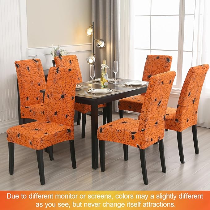 JQinHome Halloween Orange Dining Chair Slipcover, Spider Web Chair Covers Set of 4 ，High Stretch Washable Chair Protector Cover for Dining Room, Kitchen,Home Party,Wedding Ceremony(Orange, 4PC)-Ruum Studio Home