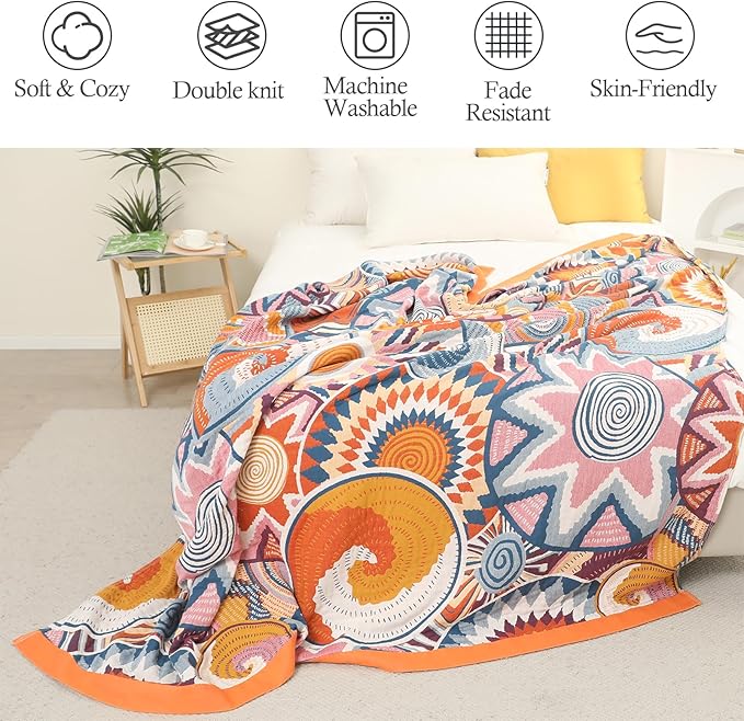 Snycler Boho Throw Blanket for Bed - 100% Cotton Ultra Soft Rustic Quilt Fall Blanket - Orange Floral Printed Farmhouse Decor Bed Blankets, 80"×90" All Season Rustic Throw for Sofa Couch Chair-Ruum Studio Home