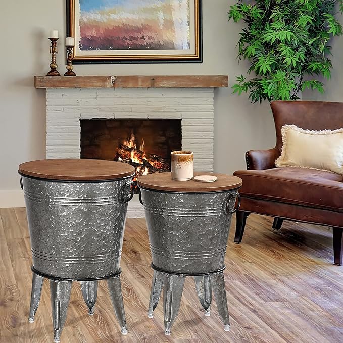 Rustee Rustic Storage Farmhouse Accent Side Table,Antique Galvanized Metal End Coffee Cocktail Table Box Bin with Round Wooden Lid Set of 2 (Galvanized),HC2009WT,One size-Ruum Studio Home