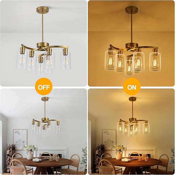 6-Light Gold Chandeliers for Dining Room, Modern Kitchen Island Light Fixtures Over Table, Metal Hanging Pendant Lighting for Living Room Stairwell Entryway Bedroom, Clear Glass Shade-Ruum Studio Home