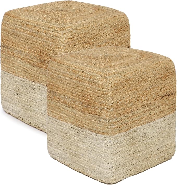 REDEARTH · Cube Pouf Ottoman - Braided Pouffe Accent Sitting Square Footrest for Living Room, Bedroom, Nursery, kidsroom, Patio, Gym; 100% Jute Set of 2 (14.5"x14.5"x16"; Natural Ivory)-Ruum Studio Home