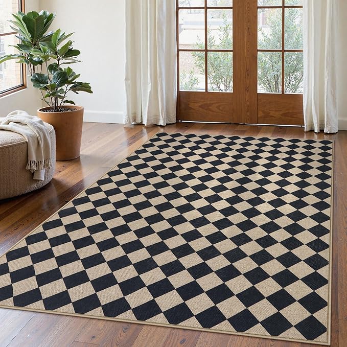 Lahome Checkered Dining Living Room Rug, 5x7 Washable Indoor Outdoor Easy Jute Rug, Farmhouse Neutral Diamond Non Slip Non Shedding Floor Carpet for Sunroom Deck Classroom Office-Ruum Studio Home