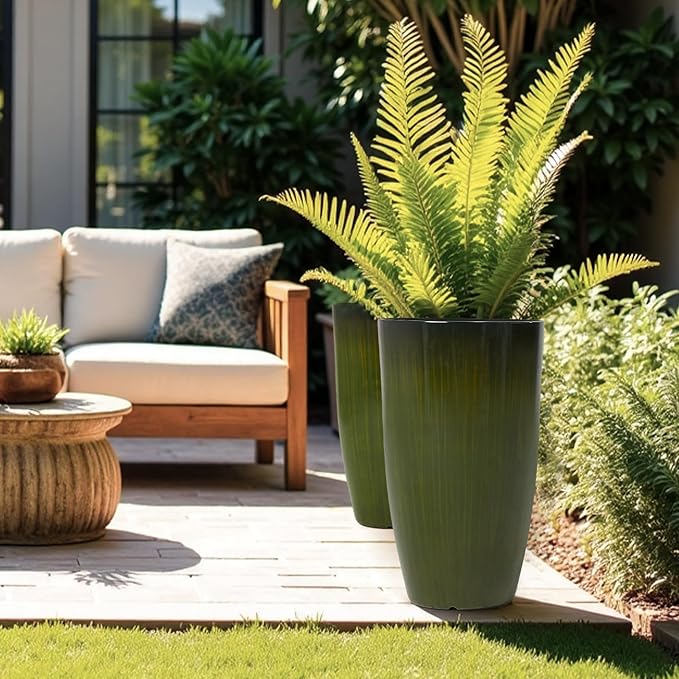 Worth Garden 23.5" H. Large Plastic Planters - Set of 2 Gradient Green Glossy Smooth Finish - Tall Plant Pots for Indoor & Outdoor Use - Decorative Lightweight Flower Pots for Front Porch, Patio, Deck-Ruum Studio Home