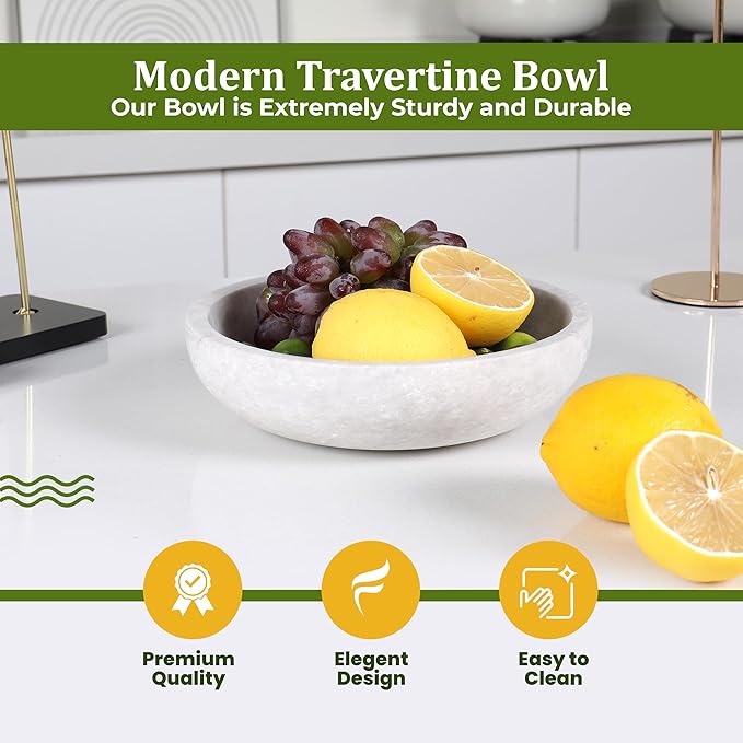 Travertine Decorative Bowl - 7.8” Diameter & 2” Height - Key Bowl for Entryway Table - Organic Modern Centerpiece - White/Gray-Ruum Studio Home