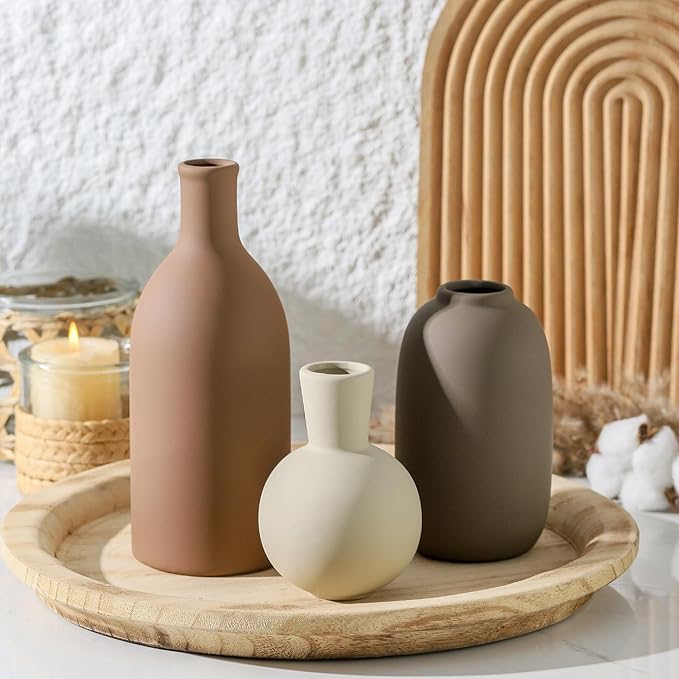 Ceramic Vases Set of 3, Modern Neutral Rustic Farmhouse Home Decor Pottery Pampas Decoration for Living Room, Table, Bathroom, Bedroom, Entryway - Brown-Ruum Studio Home