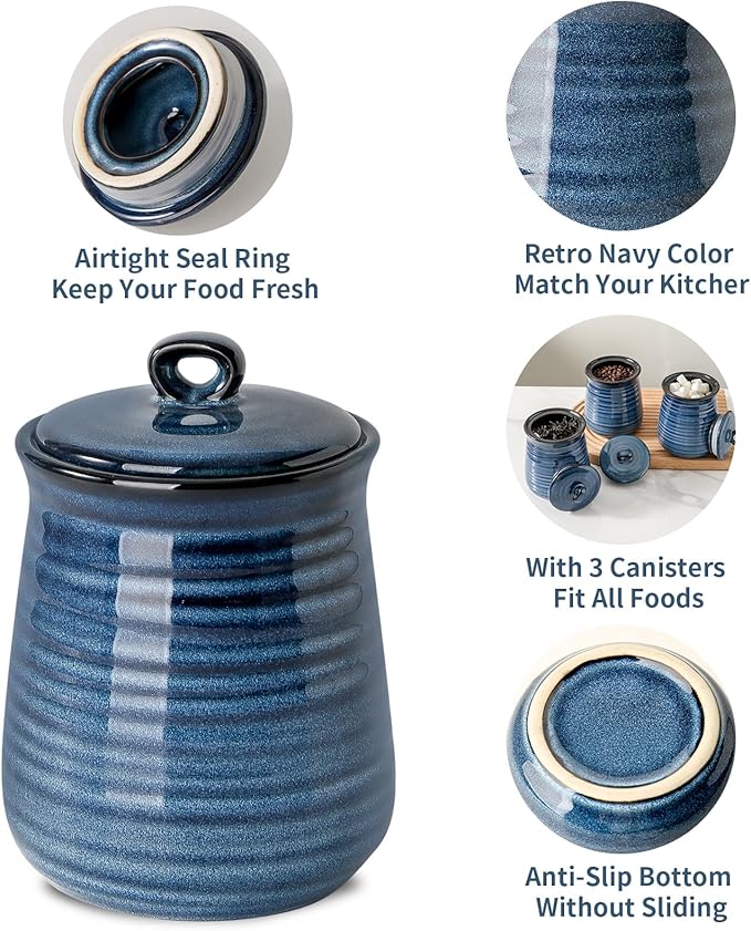 Hasense Kitchen Canisters Set with Airtight Lid for Countertop, 25 Ounce Ceramic Vintage Food Storage Jars Containers Set of 3 with Cover for Coffee, Sugar, Tea, Spice, Candy and Nut, Navy-Ruum Studio Home