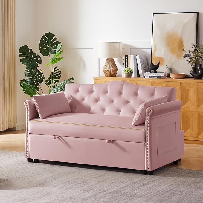 57" Velvet Pull-Out Sofa Bed, 3-in-1 Convertible Loveseat with Gold Trim Strips and Adjustable Backrest, Perfect for Living Rooms, Offices and Apartments (Pink)-Ruum Studio Home