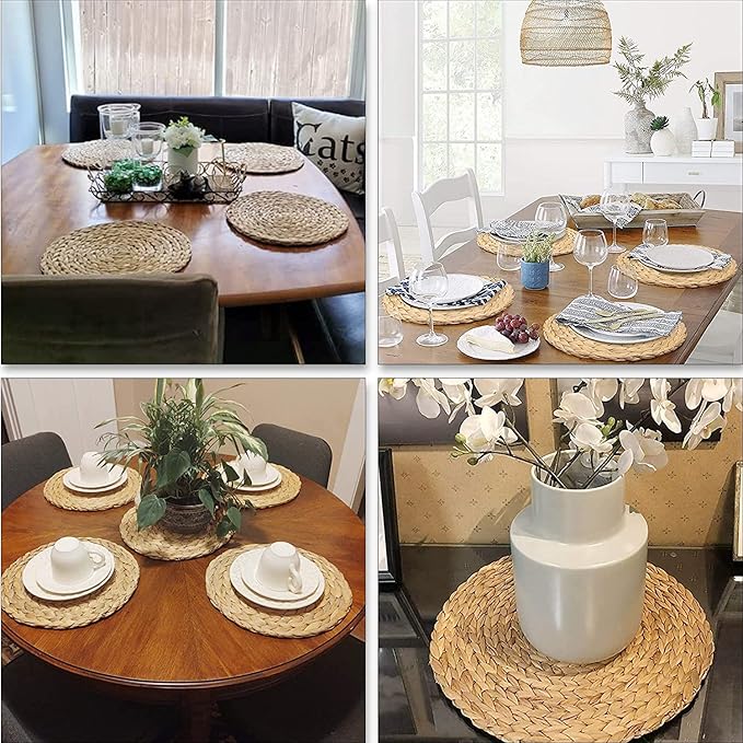 Defined Deco Woven Placemats Set of 4,12" Round Rattan Placemats,Natural Hand-Woven Water Hyacinth Placemats,Farmhouse Weave Place Mats,Rustic Braided Wicker Table Mats for Dining Table,Home,Wedding.-Ruum Studio Home