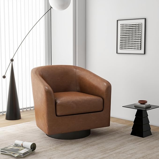 Swivel Barrel Accent Chair, Modern Round Faux Leather Arm Chair for Living Room, Bedroom, Comfy Club Reading Chairs for Adults, Faux Leather Brown, Set of 2-Ruum Studio Home