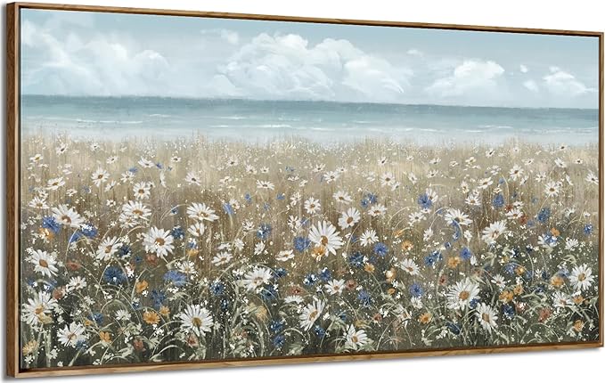amatop Large Wall Art for Living Room Framed Boho Beach Coastal Floral Ocean Wall Picture Farmhouse Daisy Flower Sea Canvas Print Nautical Neutral Vintage Warm Artwork Home Bedroom Office Decor 48x24-Ruum Studio Home