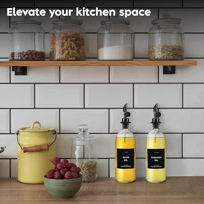 Olive Oil Dispenser Bottle - Includes 55 Kitchen Essential Labels - Cooking Oil Bottles for Kitchen, Coffee Syrup Dispenser - Pourer Spout with 16.9 fl oz Glass Container Cruet - 2pcs, Black-Ruum Studio Home