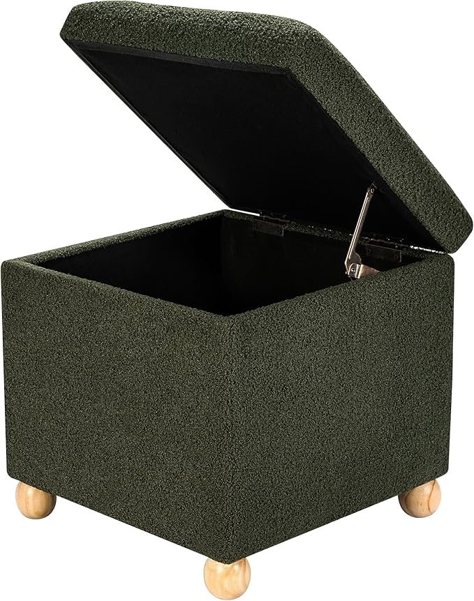 Adeco 17 Inch Soft Dark Green Cube Ottoman Storage, Teddy Velvet Chair Foot Stools, Upholstered Vanity Stool with Hinged Lid, Solid Round Wood Legs-Ruum Studio Home