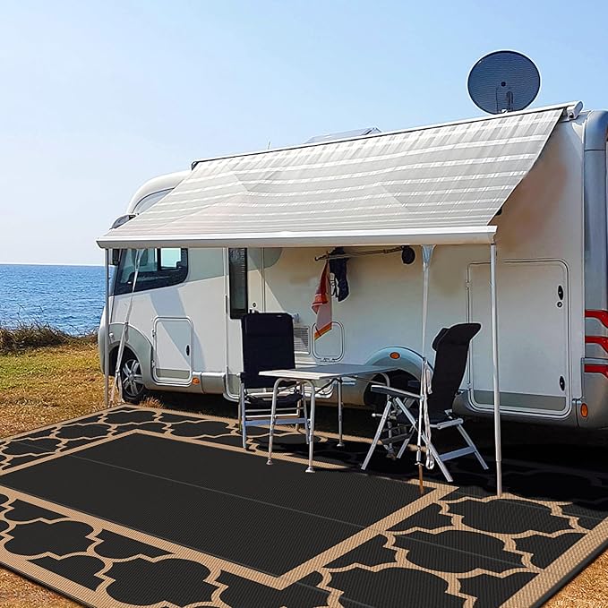 GENIMO 10 ' x 14 ' Outdoor Rug Waterproof for Patio Decor, Foldable Reversible Plastic Straw Area Rugs Mat for Camper, Outside Carpet for Rv, Deck, Porch, Picnic, Beach, Balcony, Black & Brown-Ruum Studio Home