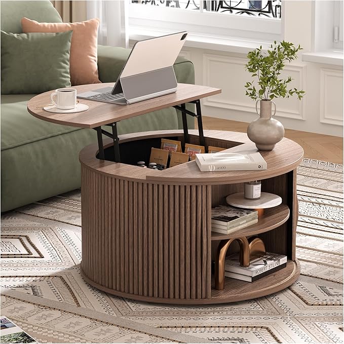Round Coffee Table with Lifting Top,31.5”Mid Century Modern Lift Top Coffee Table with Hidden Compartment,Fluted Small Center Table for Living Room,Walnut-Ruum Studio Home