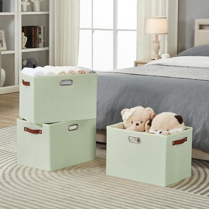 3-Pack Foldable Fabric Storage Bins with Durable PU & Metal Handles, Collapsible Storage Baskets for Shelves, Home Storage, Closet Organizers, Living Room(17"x11.8"x11.8", Sage Green)-Ruum Studio Home