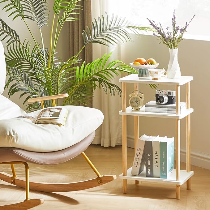 IBUYKE 3-Tier Side Table, Solid Wood Tall End Table with Storage Shelves, Nightstand Bedside Table for Living Room Bedroom Office, No-Tool Assembly, White UWST003W-Ruum Studio Home