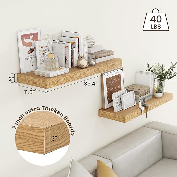 Deep Floating Shelves for Wall, 35.4W x 11.6D Rustic Large Wall Shelves Set of 2, 11.6 Inch Deep Oak Shelves 35.4 Inches Long, Bookshelf Laundry Shelf TV Shelf-Ruum Studio Home