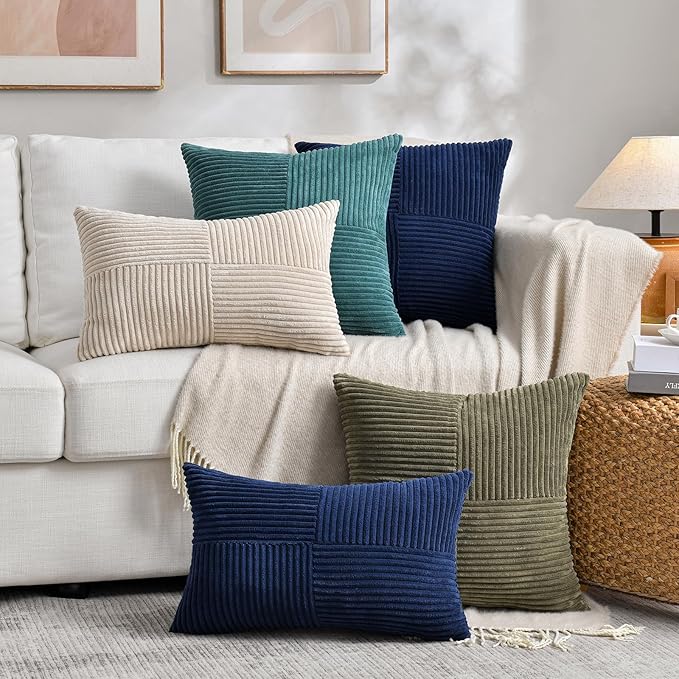 Fancy Homi 2 Packs Tan Lumbar Decorative Throw Pillow Covers 16x28 Inch for Living Room Couch Bed Sofa, Boho Home Decor, Soft Striped Corduroy Rectangle Accent Beige Cushion Case 40x70 cm-Ruum Studio Home