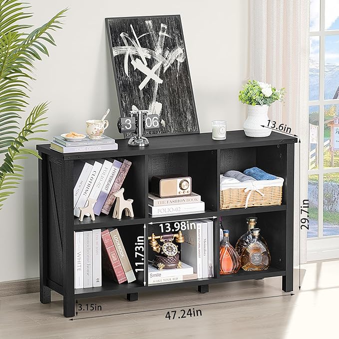 6 Cube Bookcase, Farmhouse Wood Low Storage Organizer Book Shelf, Black 47" Horizontal Console Bookshelf with Legs, Hallway Book Case for Entryway, Display Cabinet for Living Room, Office-Ruum Studio Home