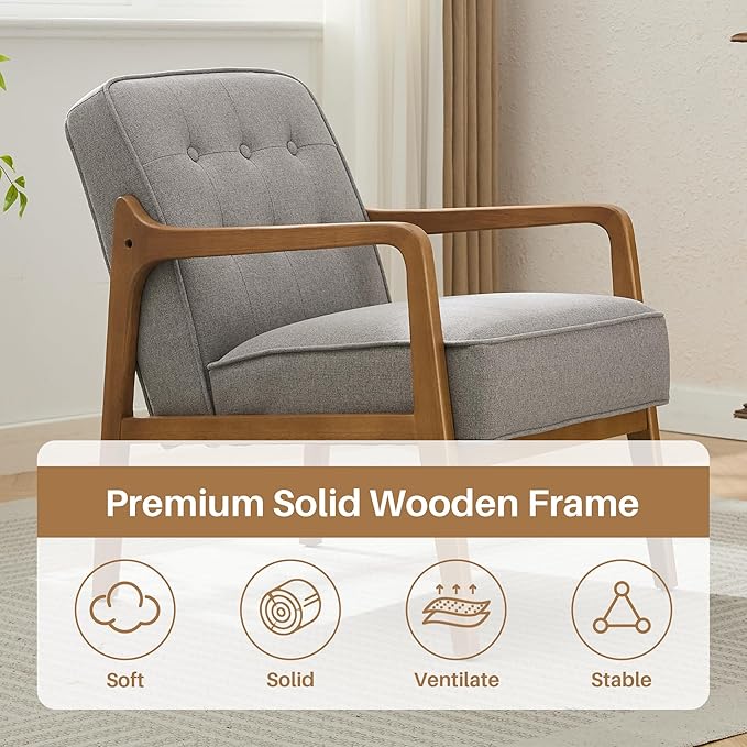 Linen Accent Chair, Mid Century Modern Chair for Living Room, Upholstered Comfy Lounge Armchair with Solid Wood Frame, Reading Side Chair for Bedroom,105°Ergonomic Comfort, Grey-Ruum Studio Home