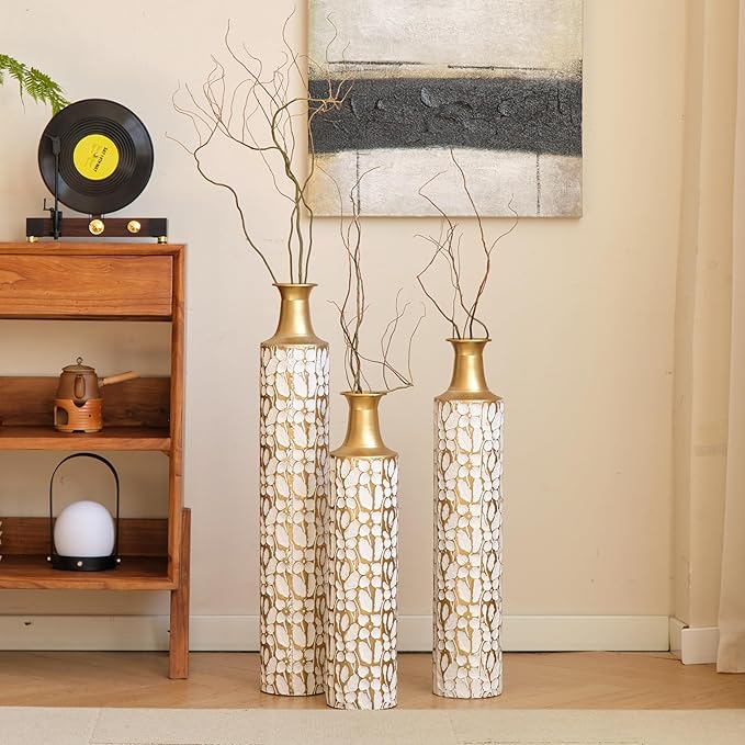 Medhansh Metal Floor Vase, Tall Floor Vase with Gold Twig Pattern, Antique White Finish (Set of 3)-Ruum Studio Home