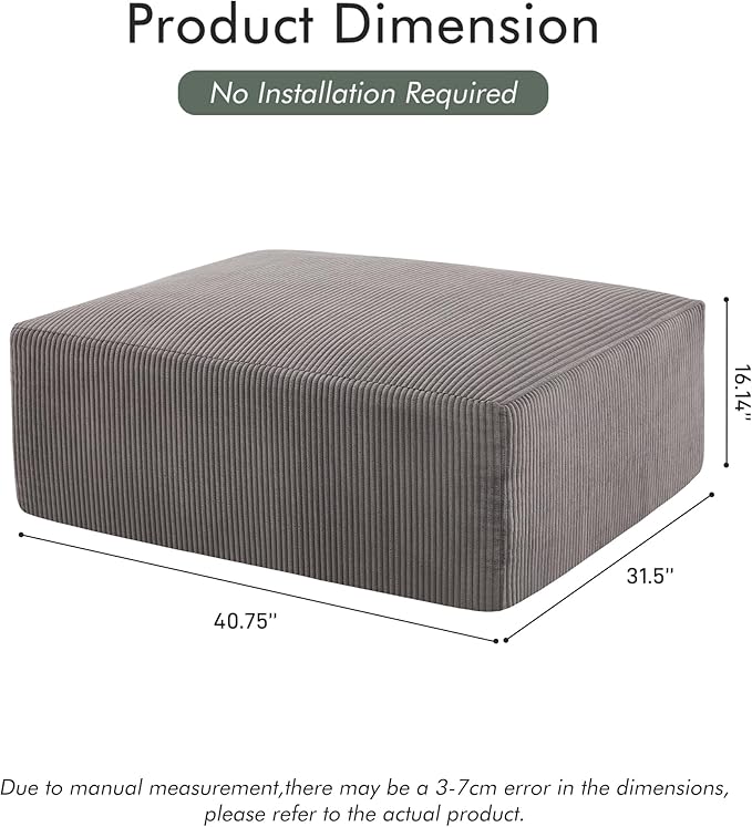 40" Square Stuffed Ottoman Pouf for Sofa Couch, Corduroy Poufs with Foam Chunk Filling, Furry & Fluffy Foot Stool Movable Ottoman. 40 * 31 Floor Poufs Foot Rest for Living Room, Grey-Ruum Studio Home