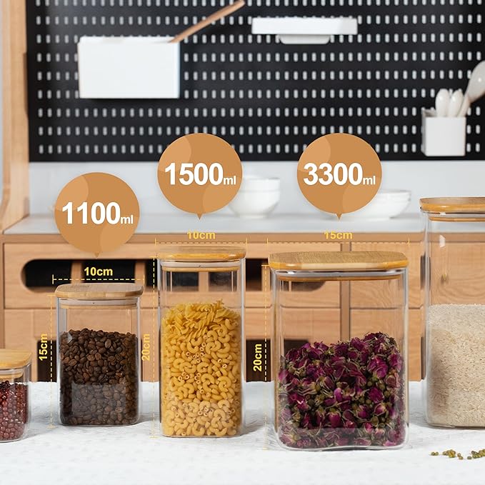 52oz Airtight Glass Square Storage Canister with Bamboo Lid Set of 3 (1550ml) Container Stackable Spice Jar, Kitchen Canister for Flour, Cookies, Cereal and Coffee beans (‎with Black Lable)-Ruum Studio Home
