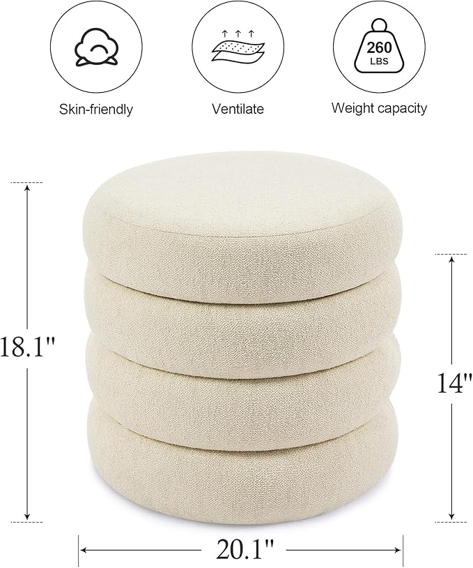 ONEVOG Round Storage Ottoman, 20" Small Ottomans Table with Removable Lid, Linen Fabric Soft Footrest Stools for Couch, Upholstered Stuffed Circle Seat for Living Room/Bedroom/Dorm/Vanity, Beige-Ruum Studio Home