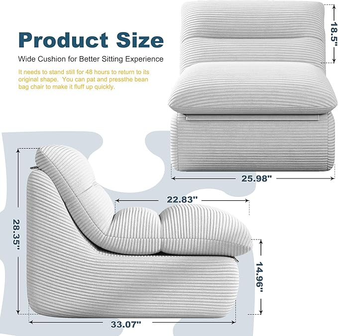 Misolant Bean Bag Chairs，Big Corduroy Fabric Sofa Bean Bag Chair for Adults and Teens with High-Resilience Sponge, Non-Slip Base Floor Lounge Sofa for Home, Living Room, Bedroom, Gaming Light Gray-Ruum Studio Home