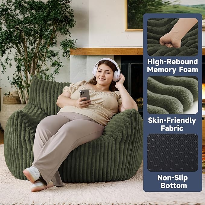 Oversized Bean Bag Chair for Adults, Giant Comfy Plush Boneless Bean Bag Couch with Filler for Kids - Reading Chair for Living Room, Bedroom & Dorm, Single Accent Chair Floor Lounger, Green-Ruum Studio Home