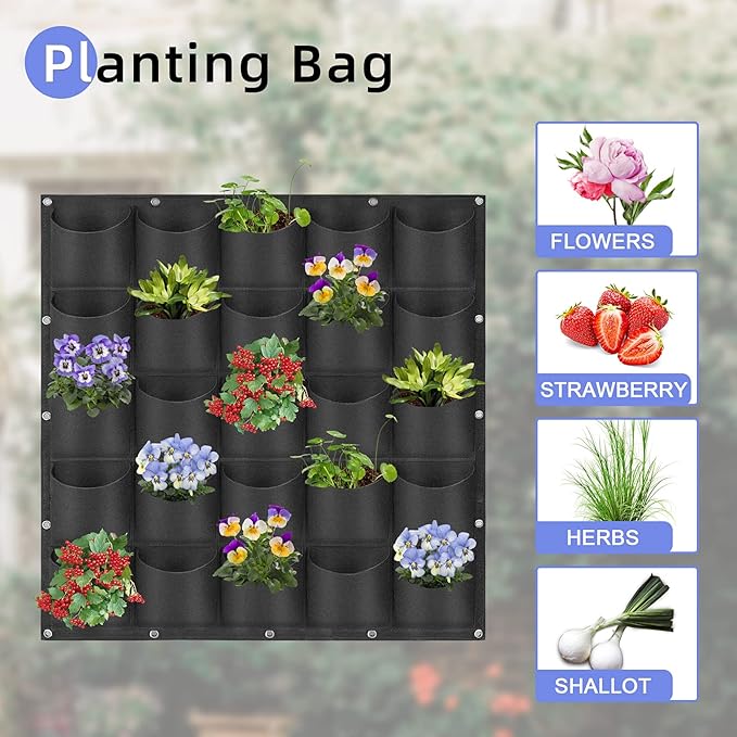 25 Pockets Hanging Planter Bags, Hanging Vertical Wall Mounted Plant Planting Grow Bags, Herb Garden Planter Outdoor Indoor Growing Bag, Gardening Vertical Greening Flower Container(1m×1m, Black)-Ruum Studio Home