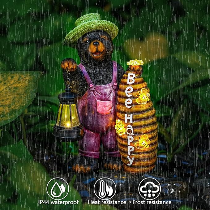 Solar Adorable Bear Garden Statue with Beehive and Lantern - “Bee Happy” Resin Outdoor Decoration for Yard, Patio, or Home Decor-Ruum Studio Home