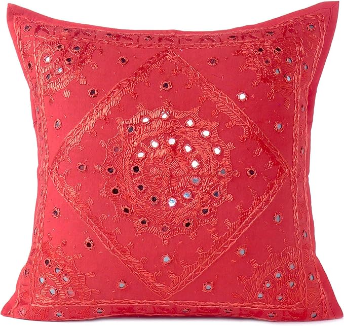 Eyes of India Embroidered Decorative Boho Throw Pillow Cover with Mirrors, Handmade Bohemian Accent Cushion Case for Sofa Couch Bedroom Living Room (Red, 16" x 16")-Ruum Studio Home