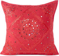 Eyes of India Embroidered Decorative Boho Throw Pillow Cover with Mirrors, Handmade Bohemian Accent Cushion Case for Sofa Couch Bedroom Living Room (Red, 24" x 24")-Ruum Studio Home