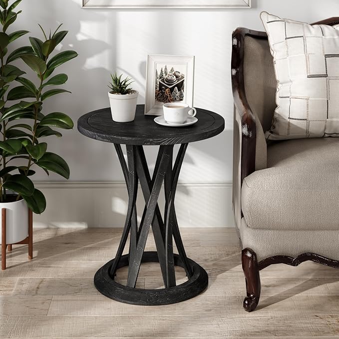Round Farmhouse End Table with Crisscross Pedestal Base, Distressed Finish Side Table Rustic Accent Table for Living Room, Pine Wood, Black-Ruum Studio Home