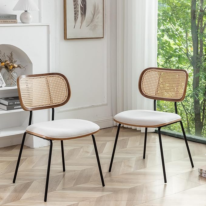 Rattan Dining Chairs Set of 2, Mid Century Modern Dining Chairs with Cane Back for Kitchen Dining Room, 19 Inch Fabric Beige-Ruum Studio Home