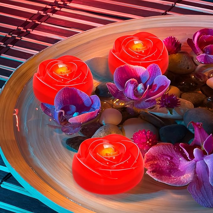 Aignis 12pcs Flameless LED Floating Candles, Red Rose Plastic Tealights Battery Operated, 120+ Hours Glow Time, Cozy Light for Romantic Pool/Bathtub/Hot Bath/Wedding Centerpiece Decor(D2.83 * H1.42)-Ruum Studio Home