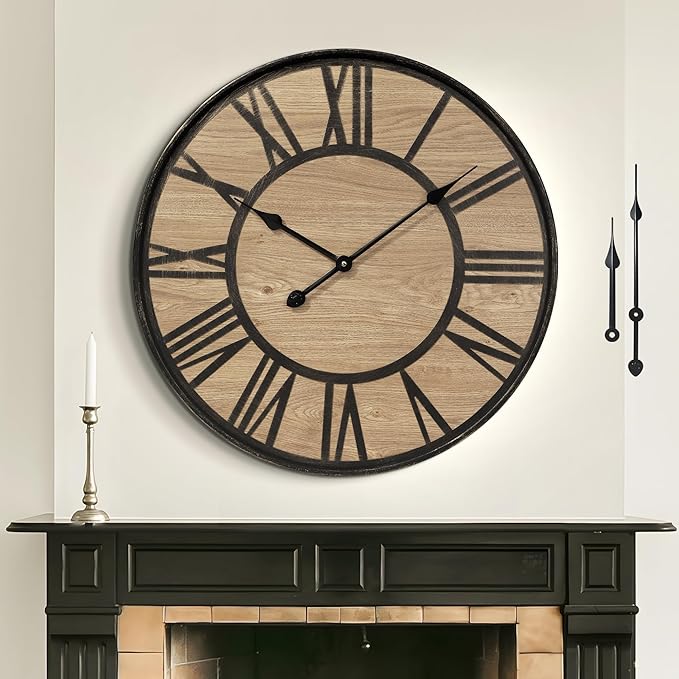 Large Wall Clock for Living Room Decor, Non Ticking Silent, Battery Operated Modern Vintage Wood Oversized Decorative Wall Clock for Bedroom Kitchen Farmhouse Office Decor-Ruum Studio Home