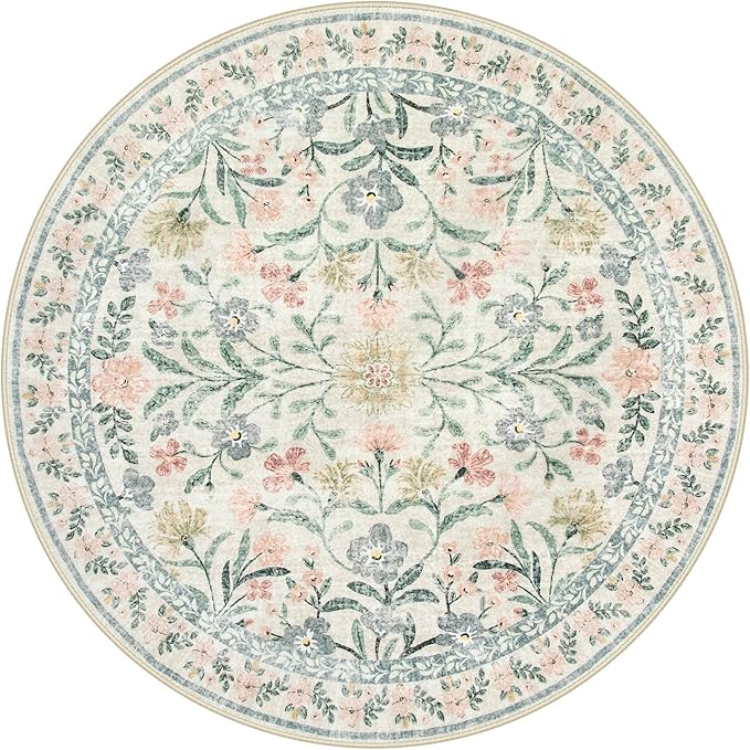 Wonnitar Floral Round Rugs 6ft, Boho Large Machine Washable Circle Rug, Low Pile Soft Flower Botanical Print Beige Round Carpet for Living Room Bedroom Dorm Sunroom-Ruum Studio Home