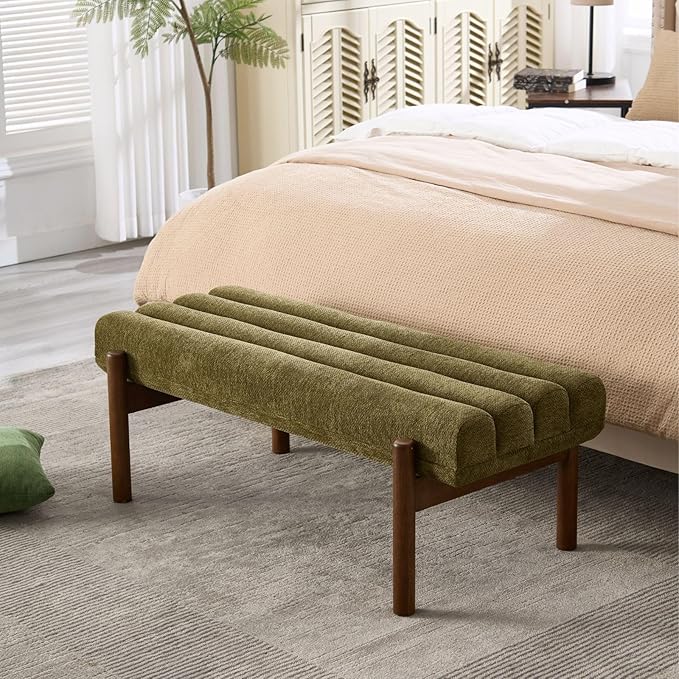 Green Upholstered Bench Modern End of Bed Bench Chenille Fabric Bedroom Bench for Entryway Living Room Vanity Makeup Room, 47" Long, Wooden Legs-Ruum Studio Home