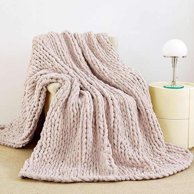 Admitrack Chunky Knit Blanket Throw, 100% Hand Knit Chenille Throw Blanket for Sofa & Home Decor, Soft and Cozy Knitted Throw Blankets (Pink，51"x63")-Ruum Studio Home