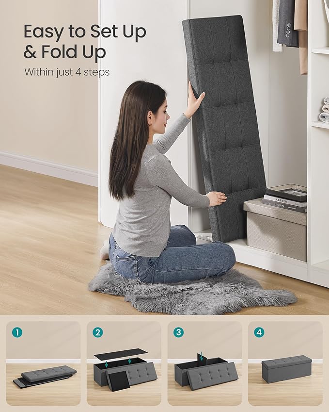 SONGMICS MAZIE Collection - 43 Inches Folding Storage Ottoman Bench, Ottoman Foot Rest, End of Bed Bench, Storage Chest, Load 660 lb, for Living Room, Bedroom, Entryway, Dark Gray ULSF77K-Ruum Studio Home