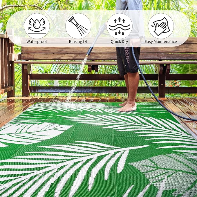 Waterproof Outdoor Rug 8x10ft, Green Leaf Reversible Plastic Straw Mat for Patio RV Deck Porch Backyard Balcony Camping Picnic Beach Indoor Outdoor Carpet, Green&White-Ruum Studio Home