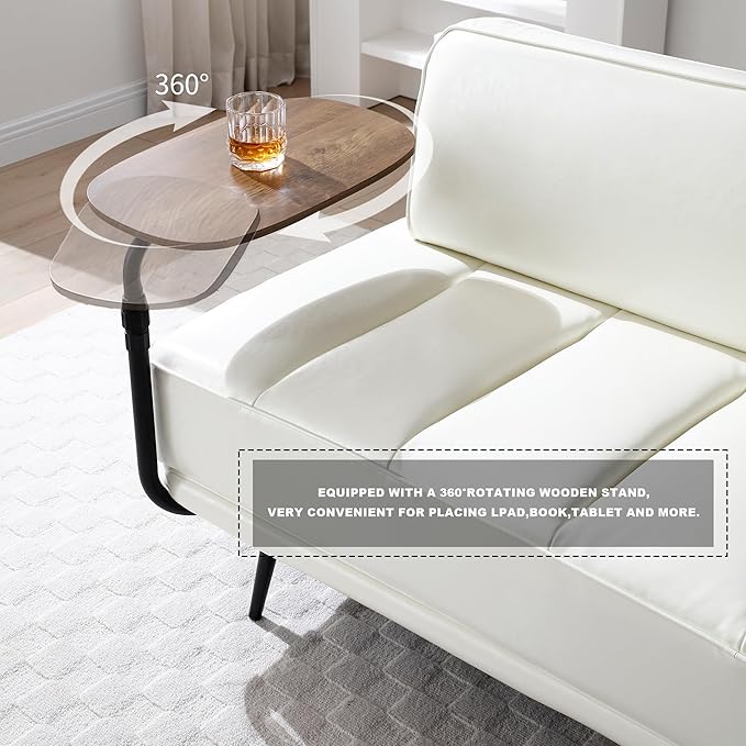 Sofa,Bed Bench,Small Spaces Furniture,Polyurethane Leather,Wood Frame,High Density Sponge Infillings,360-Degree Swivel Tray,Black Metal Leg (Beige)-Ruum Studio Home