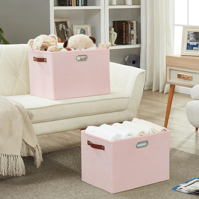 3-Pack Foldable Fabric Storage Bins with Durable PU & Metal Handles, Collapsible Storage Baskets for Shelves, Home Storage, Closet Organizers, Living Room(17"x11.8"x11.8", Pink)-Ruum Studio Home