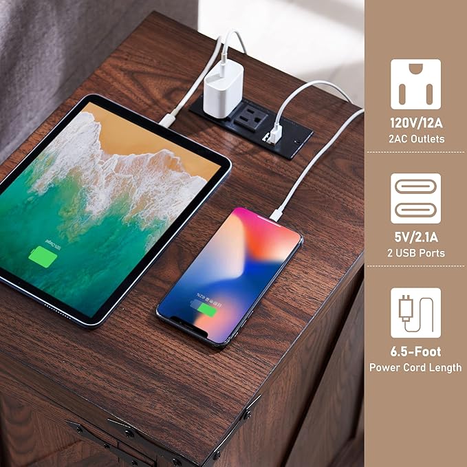 JXQTLINGMU Nightstand with Charging Station, Rectangular Farmhouse End Table with Barn Door and Adjustable Storage Shelf, 17" Deep Wood Rustic Sofa Side Table for Living Room, Bedroom, Brown-Ruum Studio Home